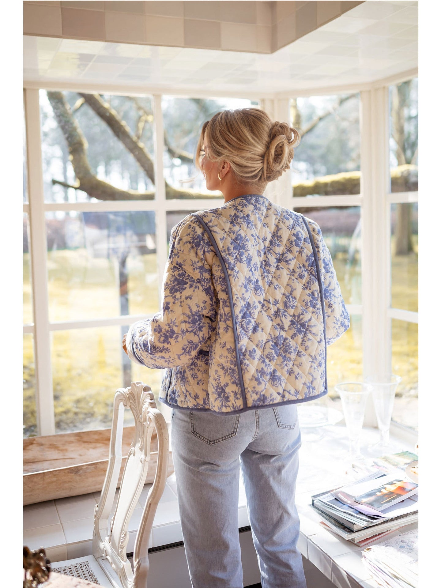 Blue Floral Quilted Jacket with Collarless V-Neck