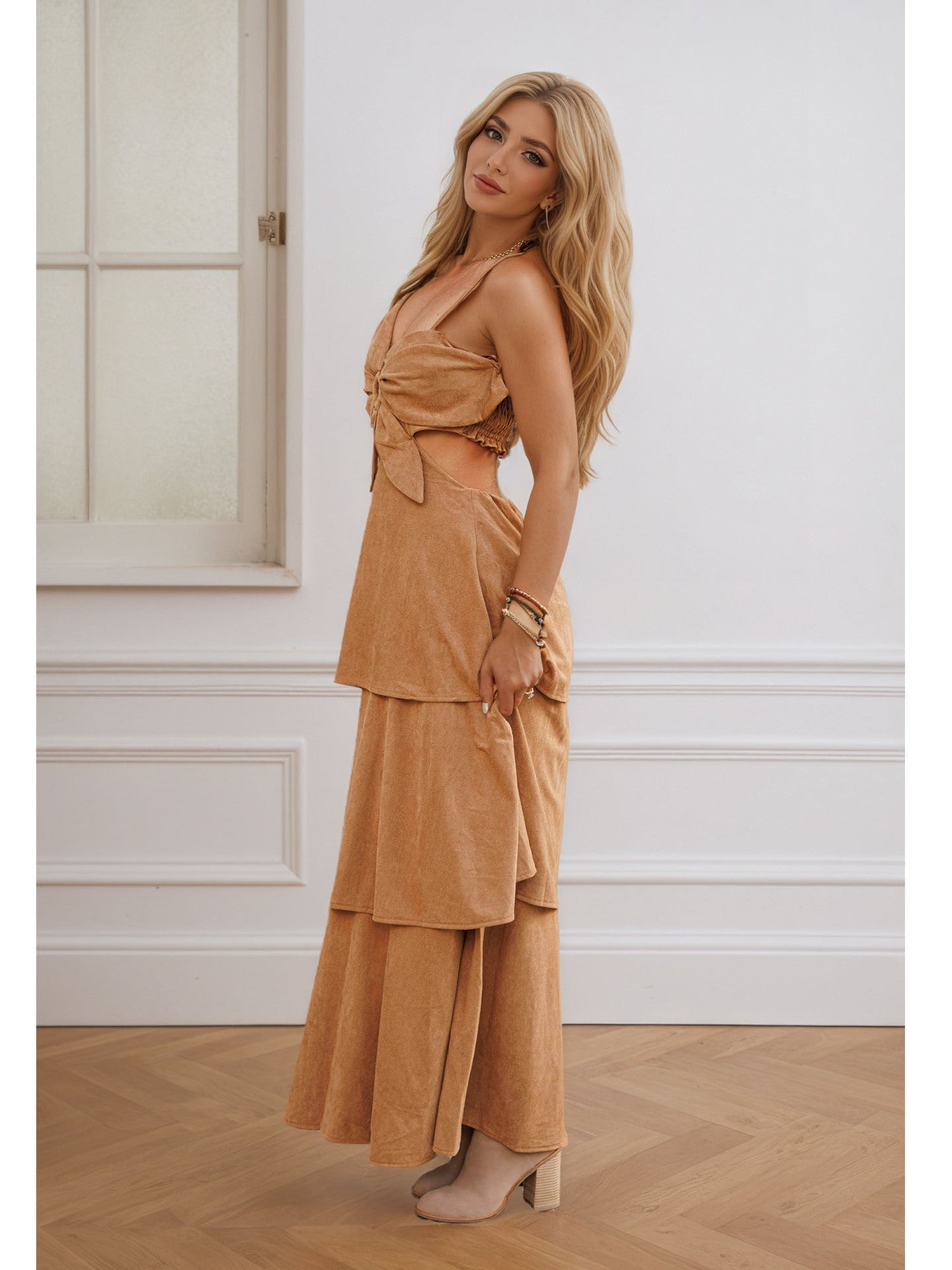 Faux Suede Tiered Maxi Dress with Bow Front and Cutout Waist