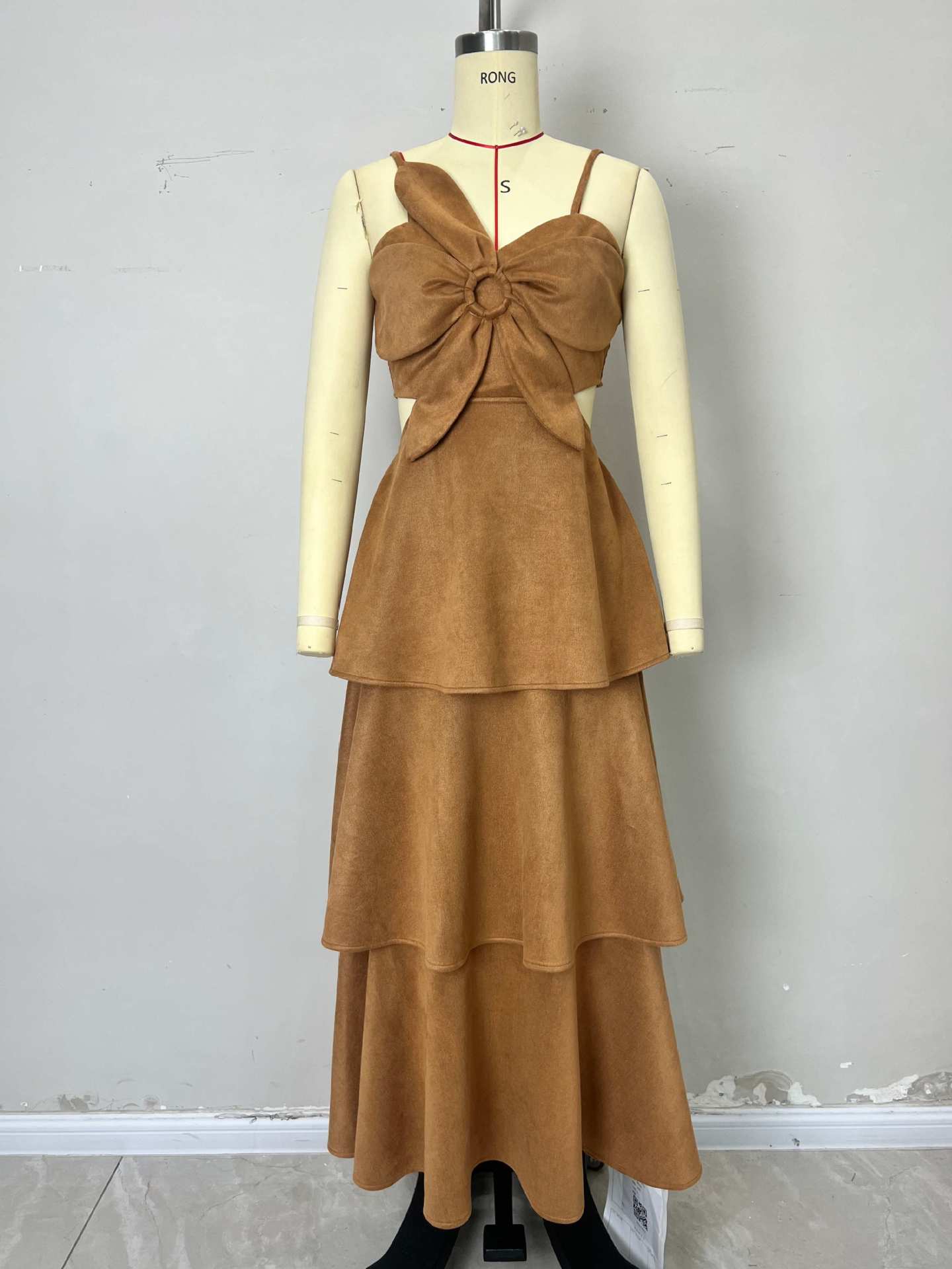 Faux Suede Tiered Maxi Dress with Bow Front and Cutout Waist