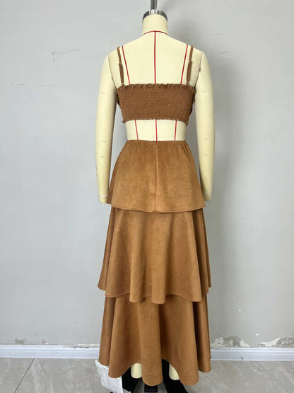 Faux Suede Tiered Maxi Dress with Bow Front and Cutout Waist