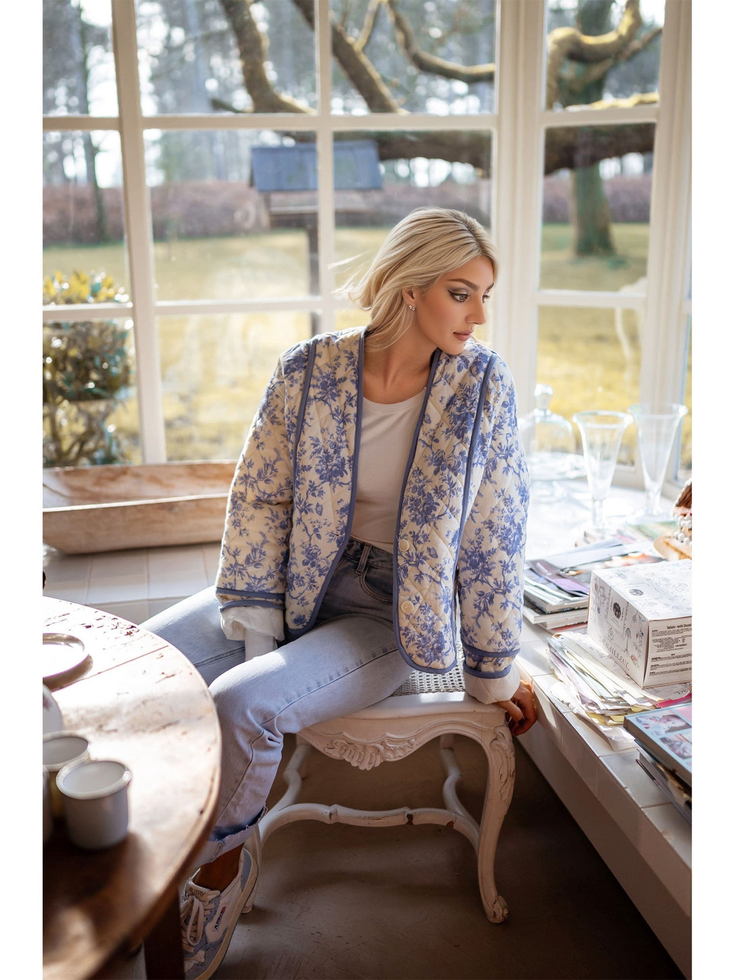 Blue Floral Quilted Jacket with Collarless V-Neck