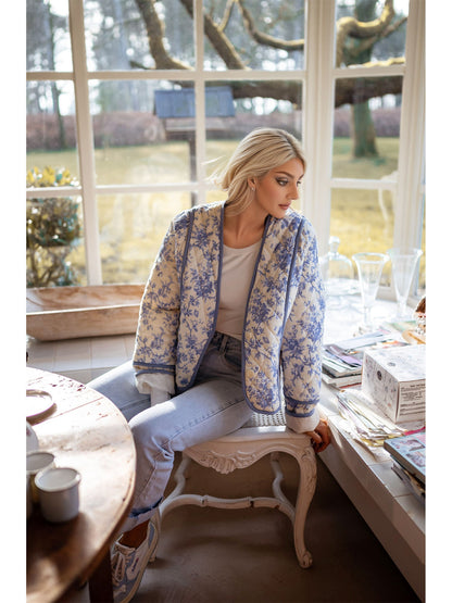 Blue Floral Quilted Jacket with Collarless V-Neck