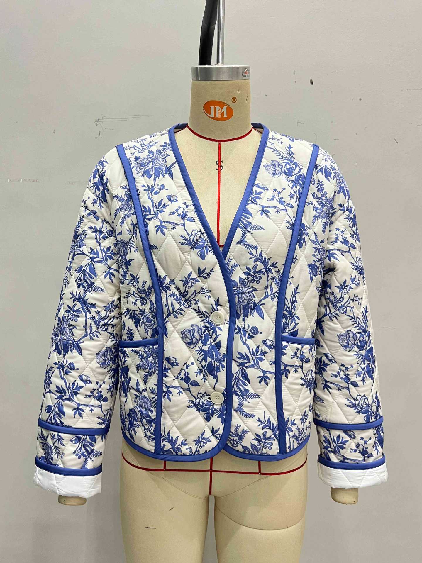 Blue Floral Quilted Jacket with Collarless V-Neck