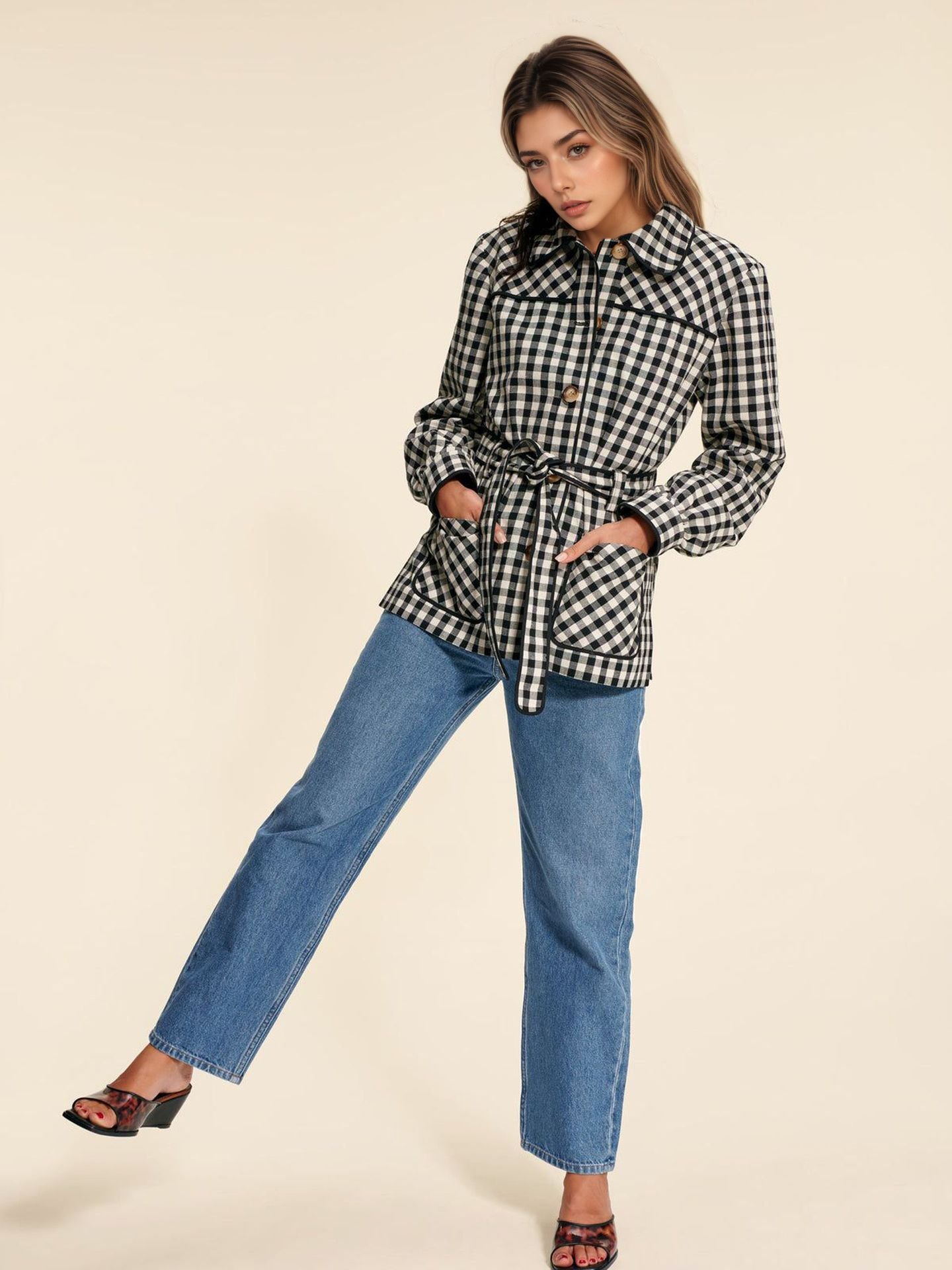 Gingham Shirt Jacket with Belted Waist and Doll Collar