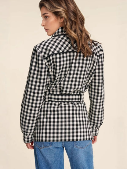 Gingham Shirt Jacket with Belted Waist and Doll Collar