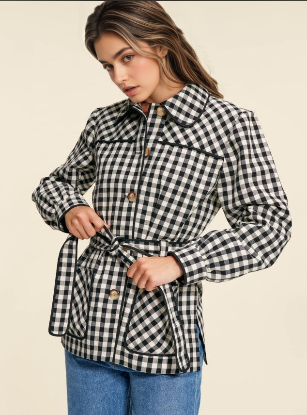 Gingham Shirt Jacket with Belted Waist and Doll Collar