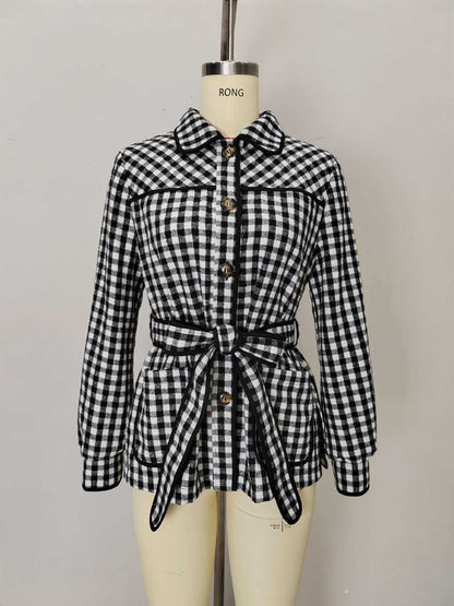 Gingham Shirt Jacket with Belted Waist and Doll Collar