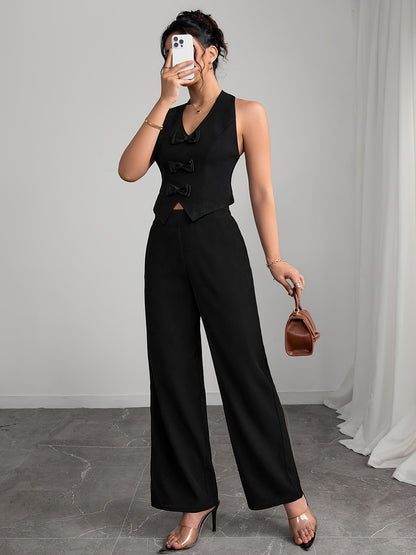 Cropped Suit Vest and Wide-Leg Trousers Set with Bows