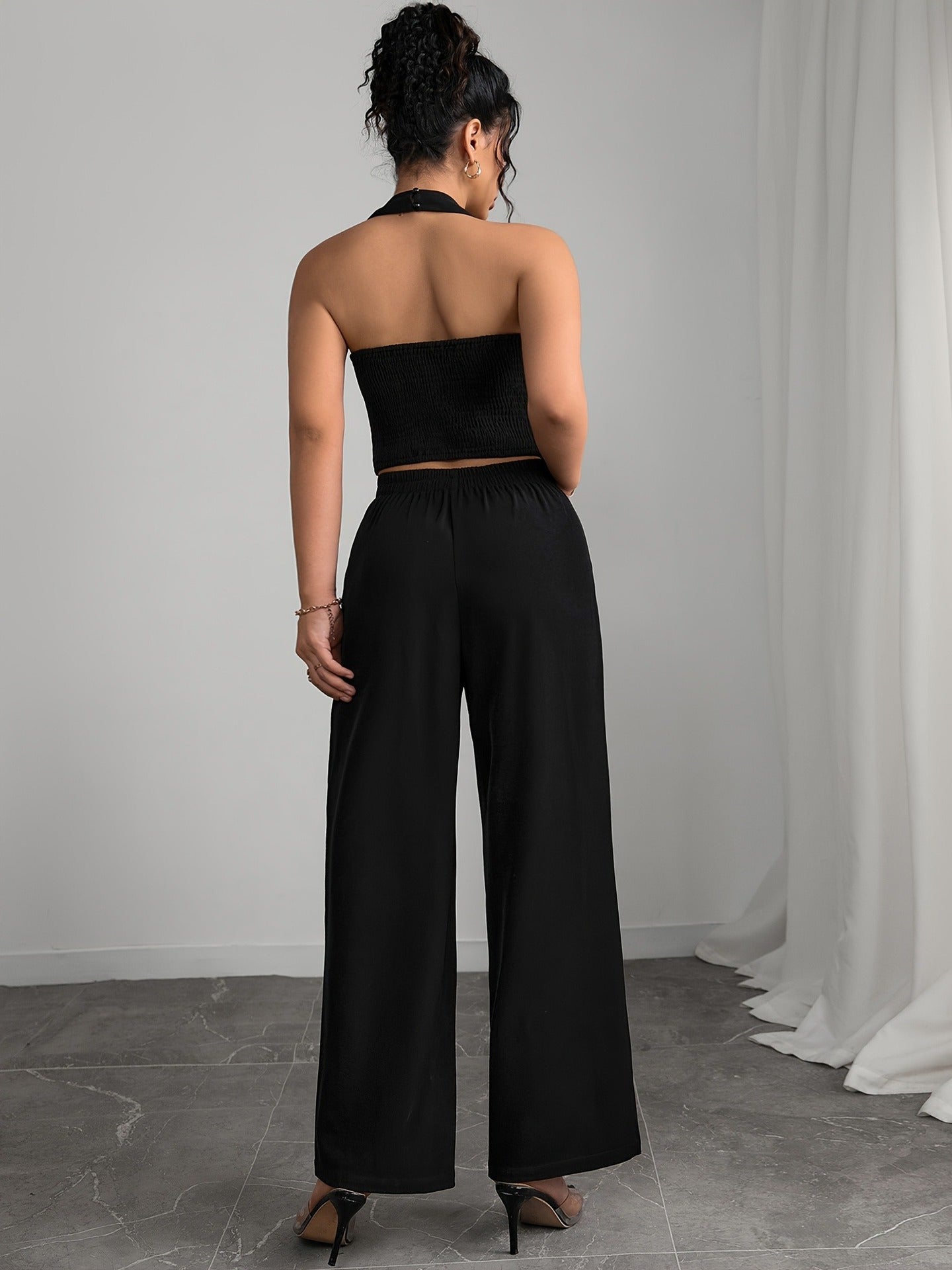 Cropped Suit Vest and Wide-Leg Trousers Set with Bows