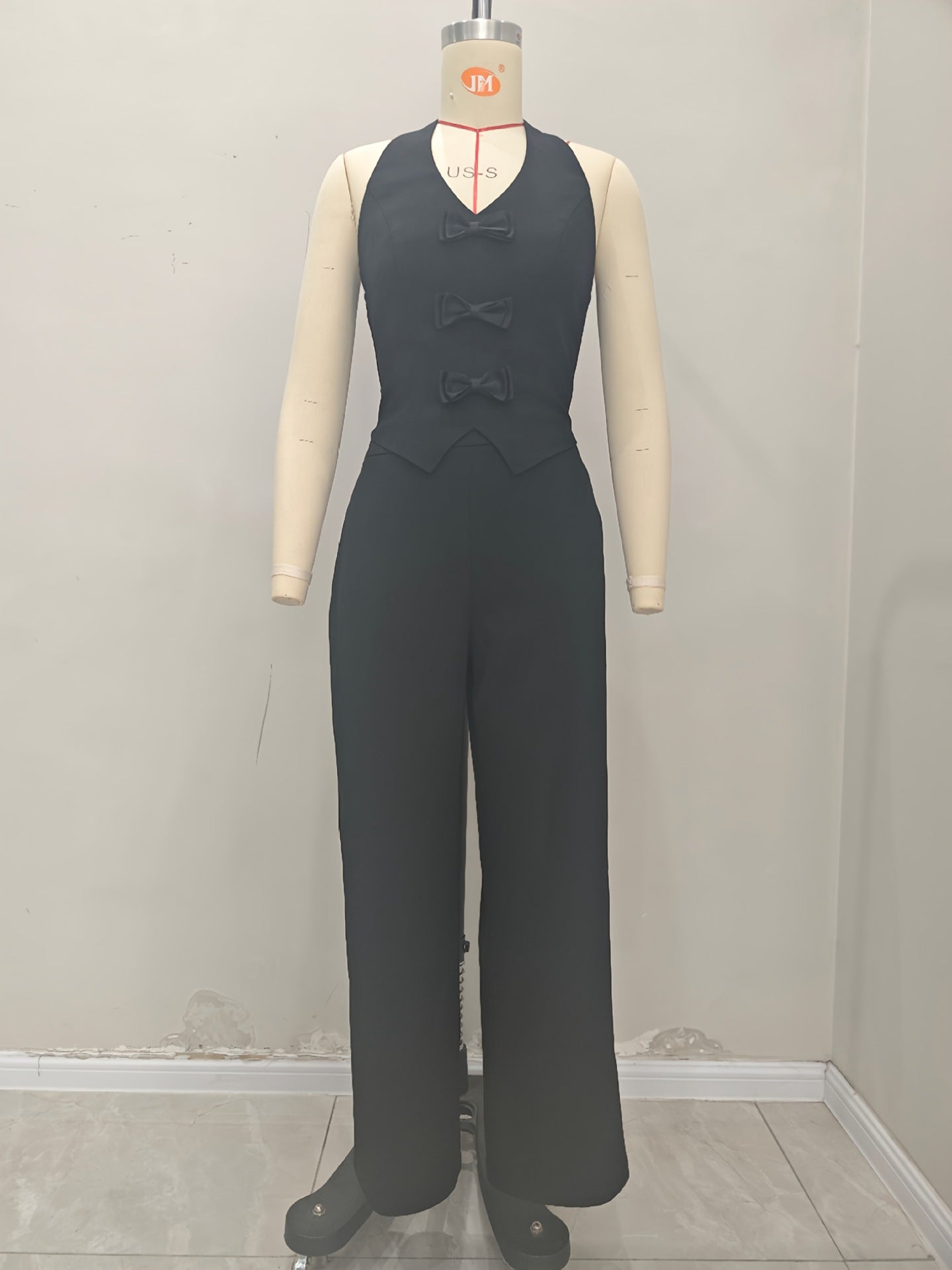 Cropped Suit Vest and Wide-Leg Trousers Set with Bows