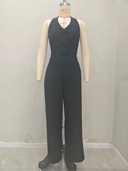 Cropped Suit Vest and Wide-Leg Trousers Set with Bows
