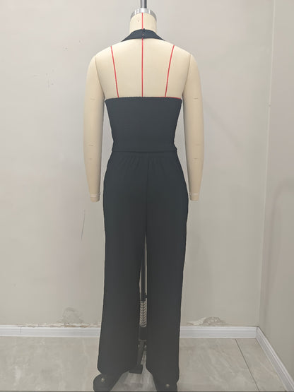 Cropped Suit Vest and Wide-Leg Trousers Set with Bows