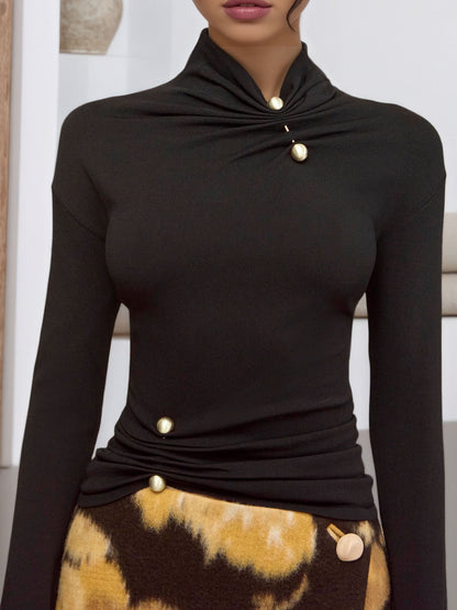 Slim Fit Long Sleeve Top with Stand Collar and Metal Buckle Detail