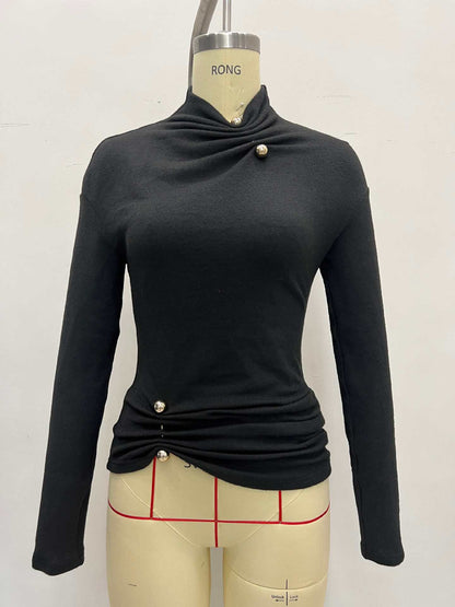Slim Fit Long Sleeve Top with Stand Collar and Metal Buckle Detail