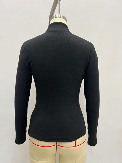 Slim Fit Long Sleeve Top with Stand Collar and Metal Buckle Detail