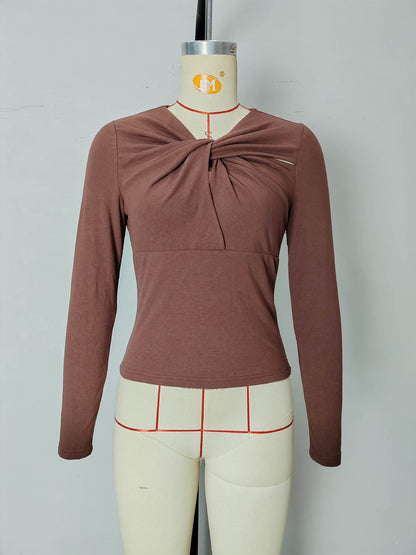Slim Fit Long-Sleeve Top with Twist Front and V-Neck
