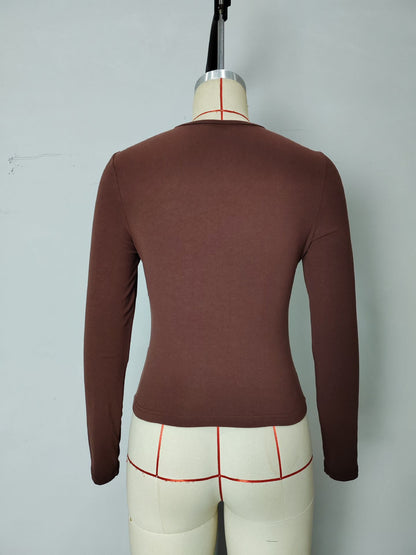 Slim Fit Long-Sleeve Top with Twist Front and V-Neck