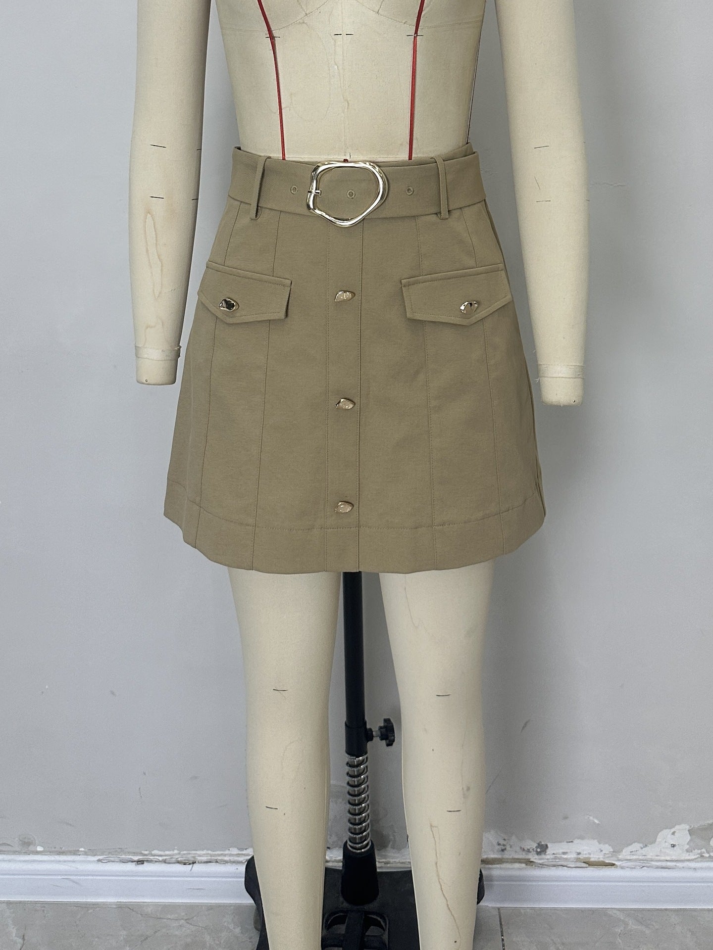 High-Waist A-Line Mini Skirt with Belt and Flap Pockets