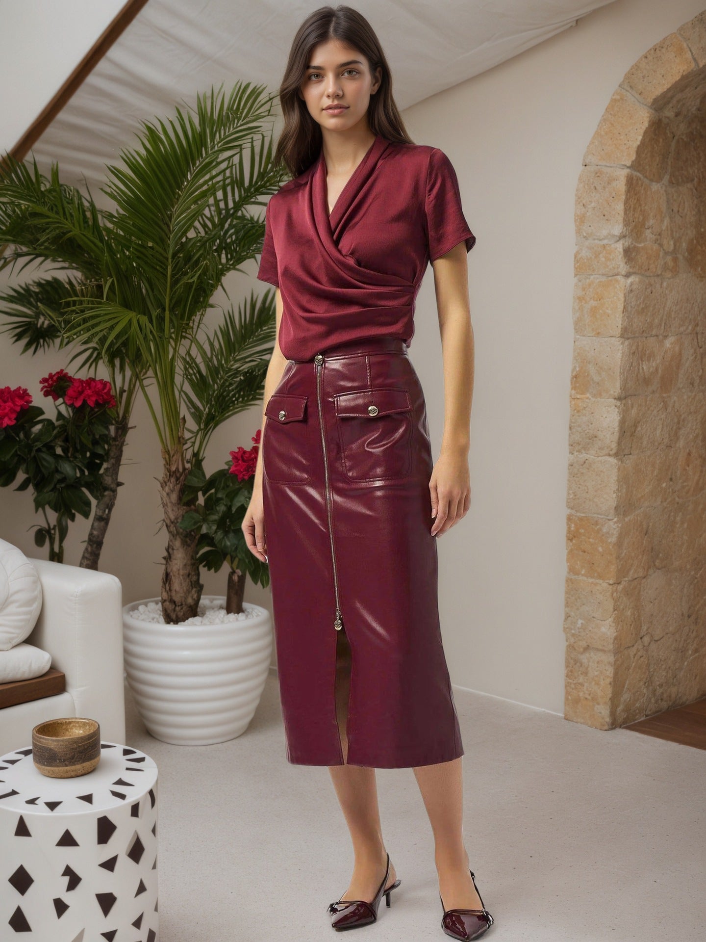 High-Waisted Faux Leather Skirt with Front Zipper and Pockets