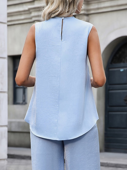 Solid Satin Two-Piece Set with Mock Neck Top