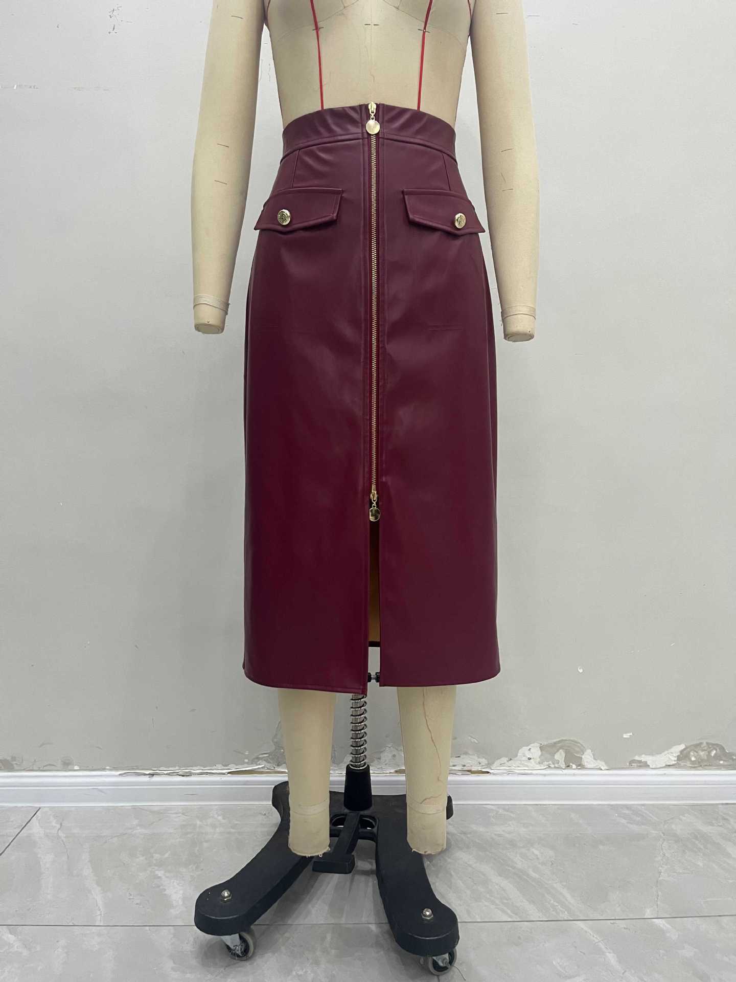 High-Waisted Faux Leather Skirt with Front Zipper and Pockets