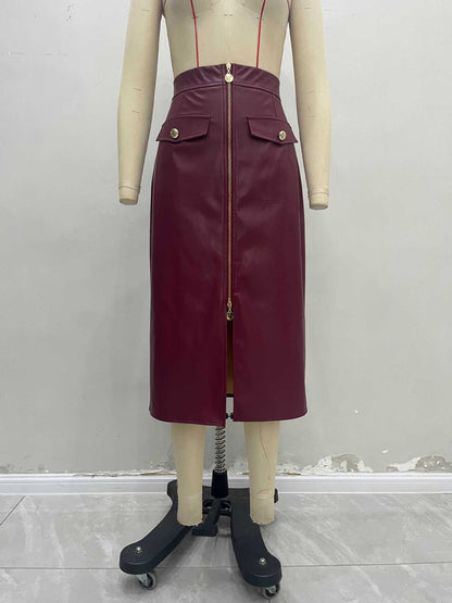 High-Waisted Faux Leather Skirt with Front Zipper and Pockets