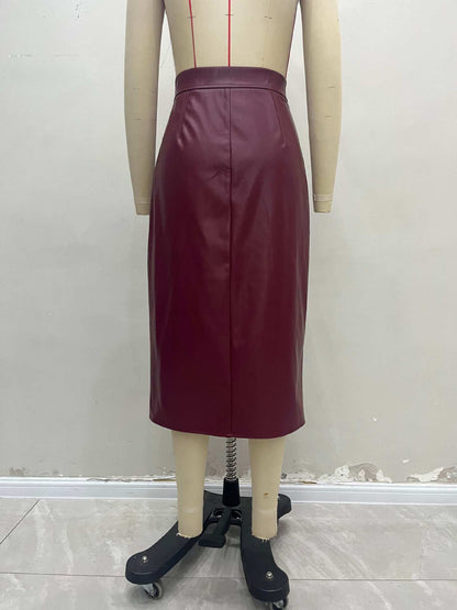 High-Waisted Faux Leather Skirt with Front Zipper and Pockets