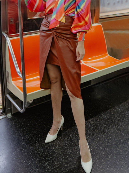 Pu Leather Skirt, Fashionable Pleated Mid-Length Slit Sexy Girl
