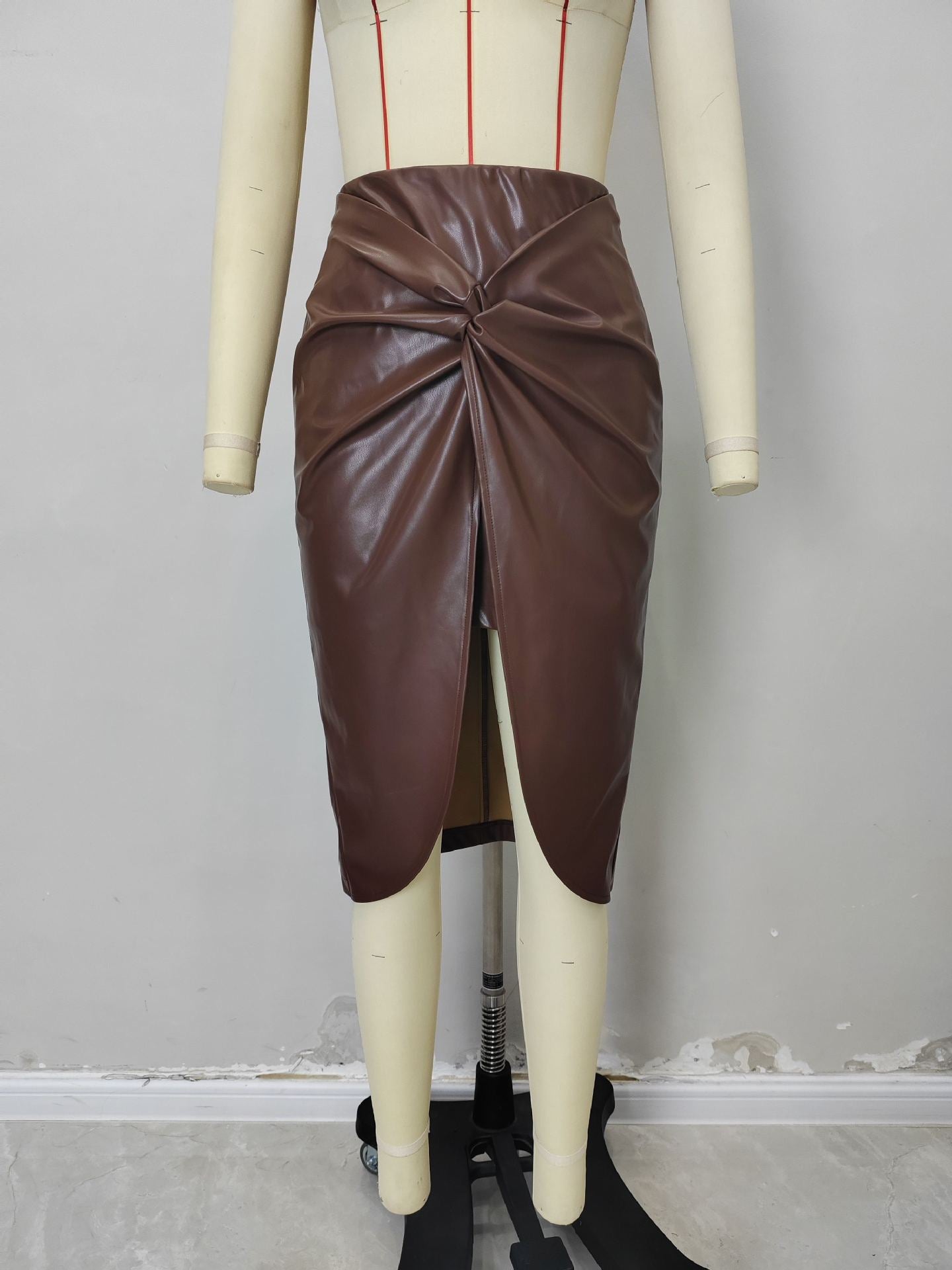 Pu Leather Skirt, Fashionable Pleated Mid-Length Slit Sexy Girl