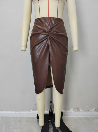 Pu Leather Skirt, Fashionable Pleated Mid-Length Slit Sexy Girl