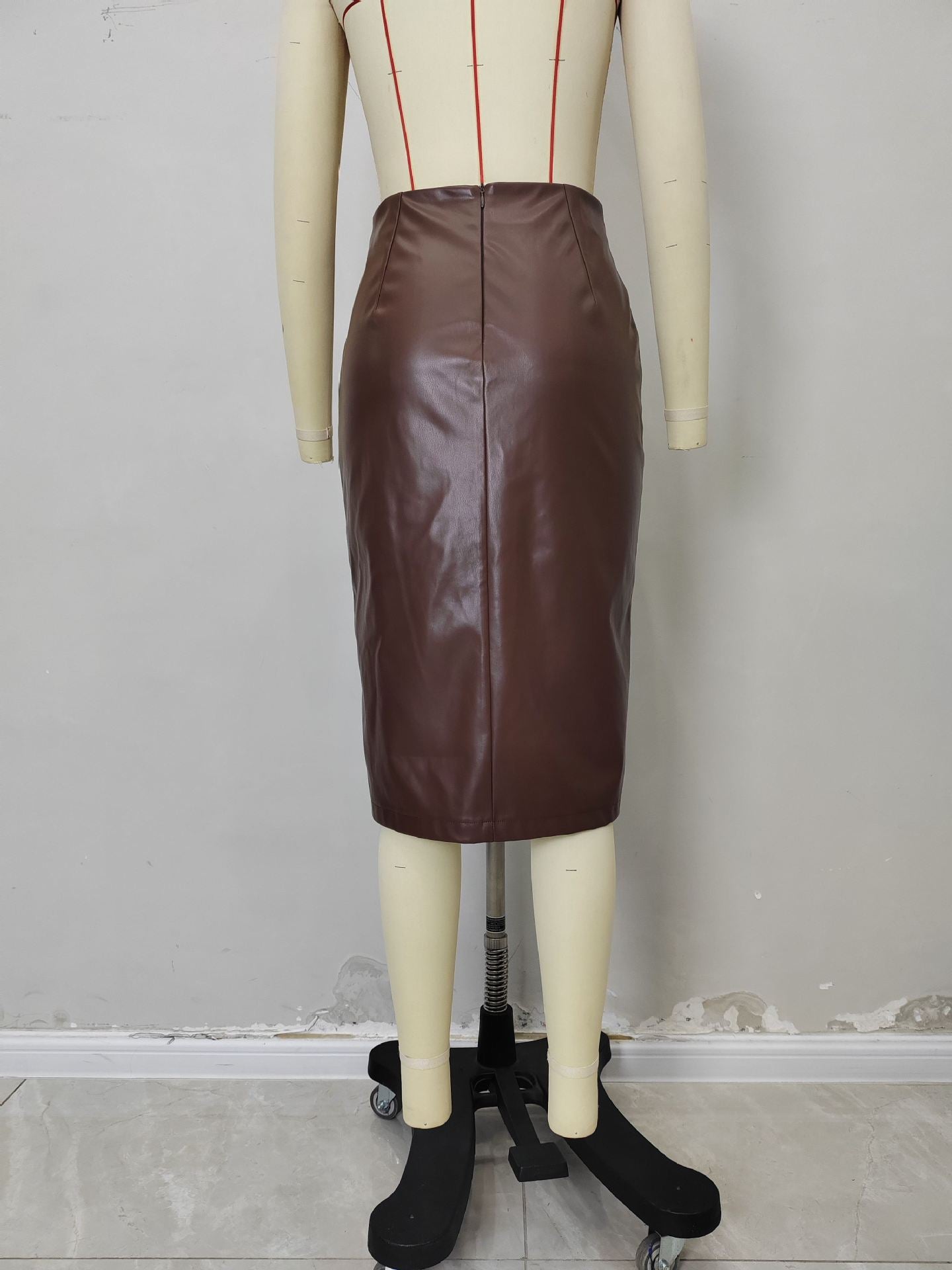 Pu Leather Skirt, Fashionable Pleated Mid-Length Slit Sexy Girl