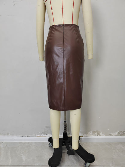 Pu Leather Skirt, Fashionable Pleated Mid-Length Slit Sexy Girl