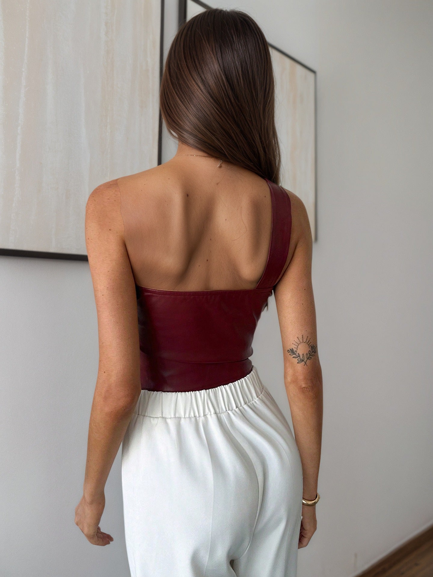 Cropped Faux Leather One-Shoulder Top with Bow Detail