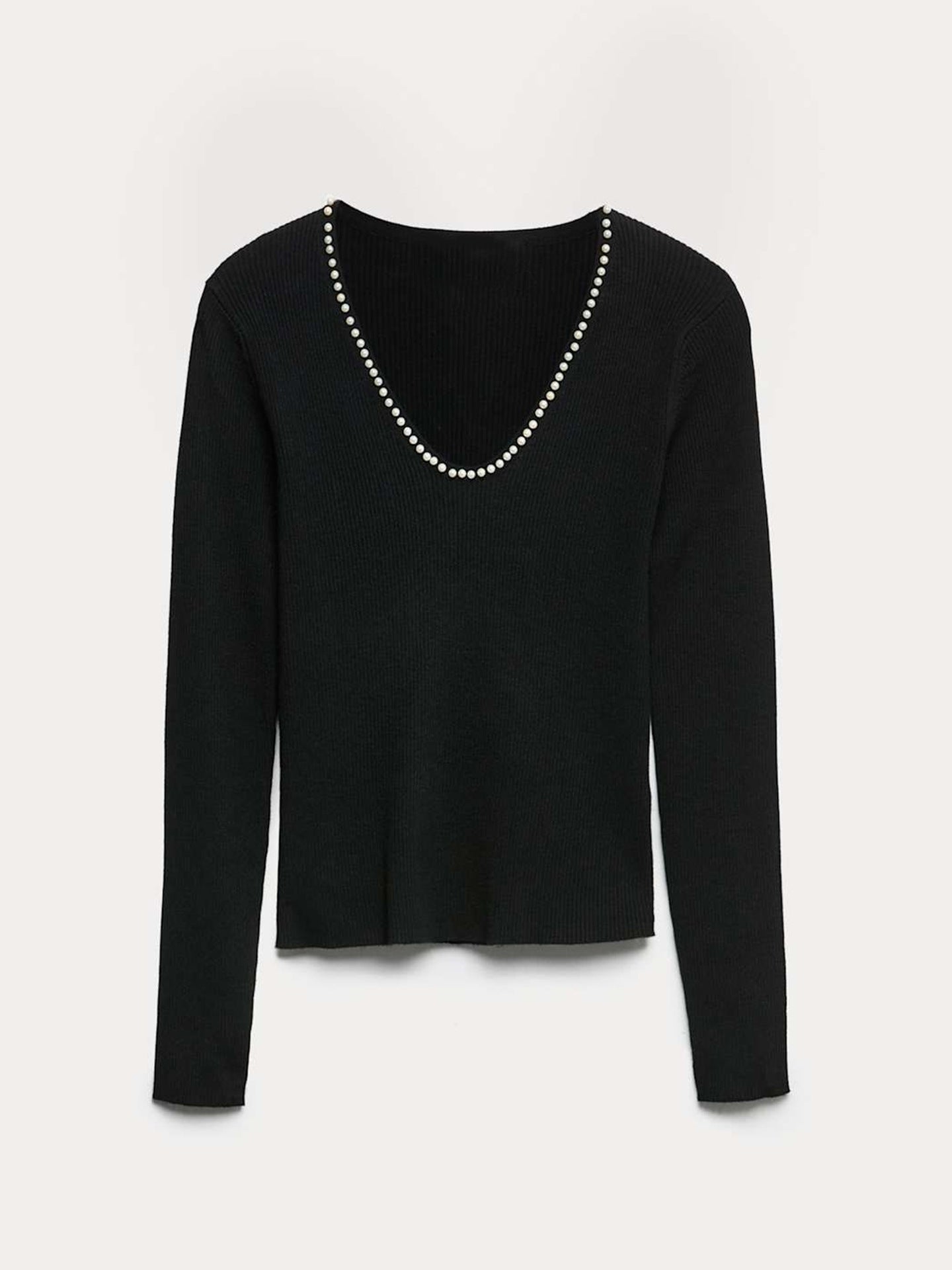 Slim Fit Ribbed Knit Pullover with Pearl V-Neck