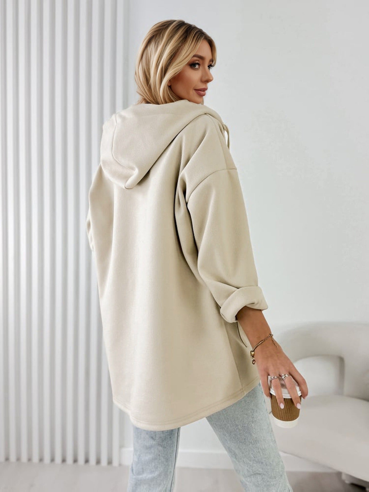 Solid Hooded Shacket with Flap Pockets and Drawstring