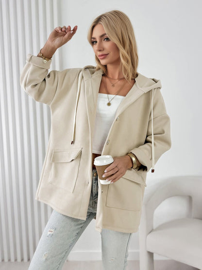 Solid Hooded Shacket with Flap Pockets and Drawstring