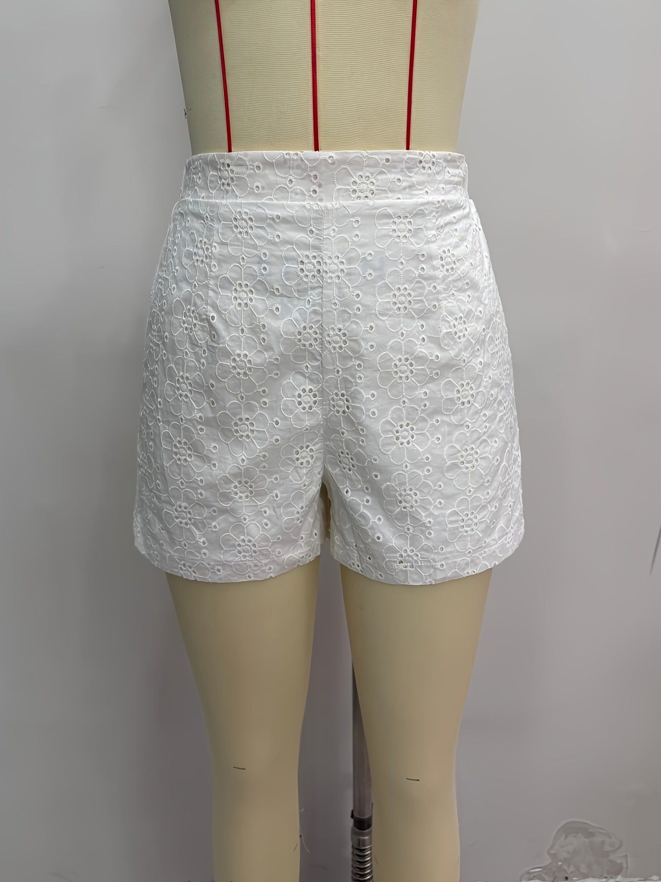 High-Waist Eyelet Embroidered Shorts with Elastic Waist