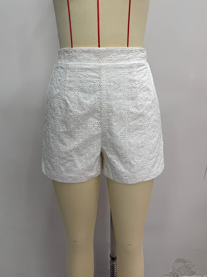 High-Waist Eyelet Embroidered Shorts with Elastic Waist