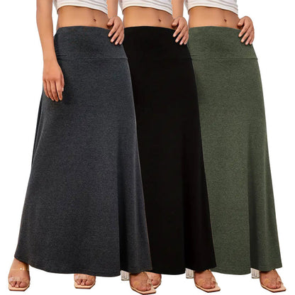 Solid Maxi Skirt with High-Waist and Knitted Fabric