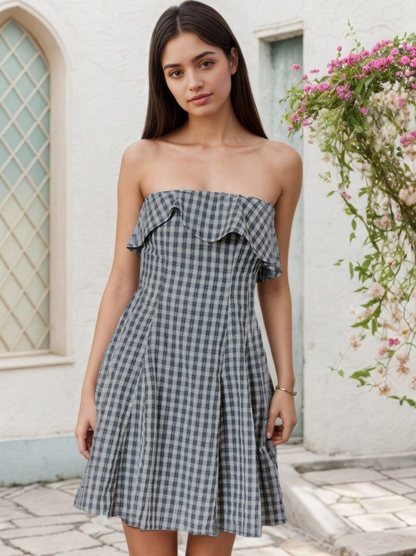Gingham A-Line Tube Top Dress with Ruffle Detail