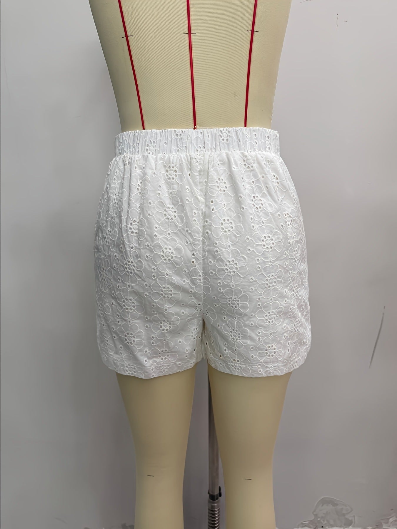 High-Waist Eyelet Embroidered Shorts with Elastic Waist