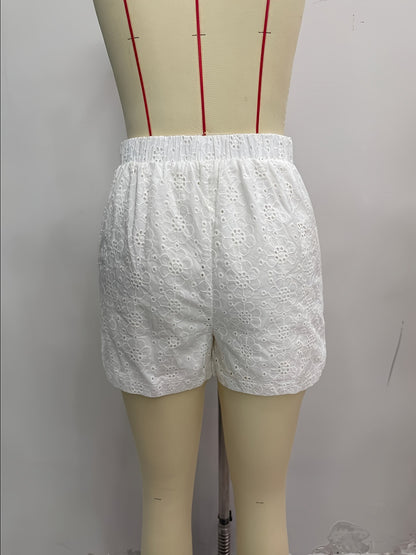 High-Waist Eyelet Embroidered Shorts with Elastic Waist