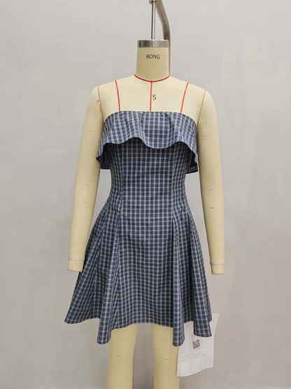 Gingham A-Line Tube Top Dress with Ruffle Detail
