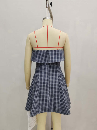 Gingham A-Line Tube Top Dress with Ruffle Detail
