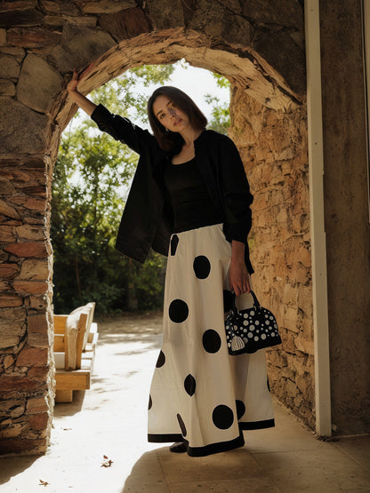 High-Waisted Large Polka Dot Maxi Skirt with Contrast Hem