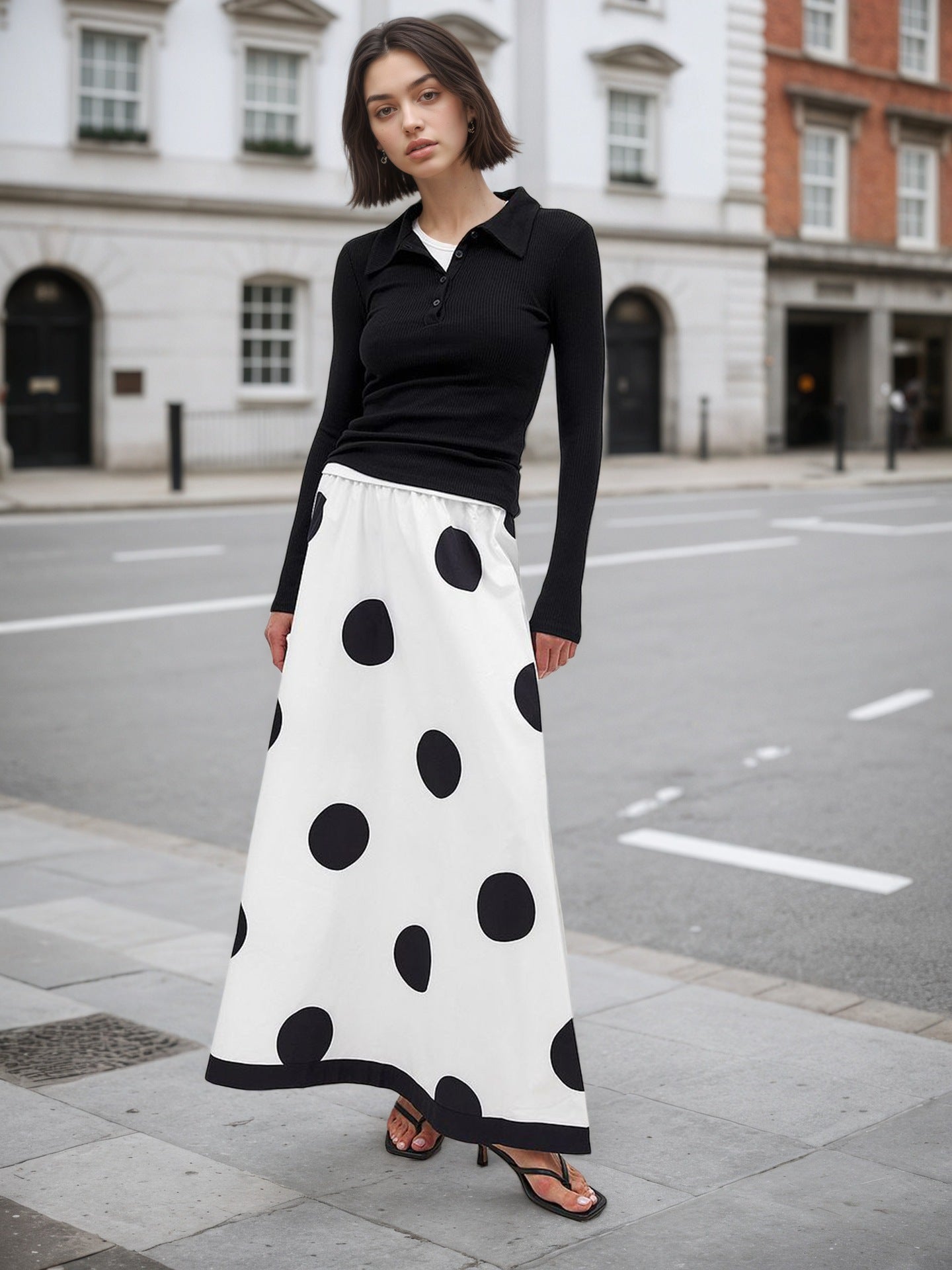 High-Waisted Large Polka Dot Maxi Skirt with Contrast Hem