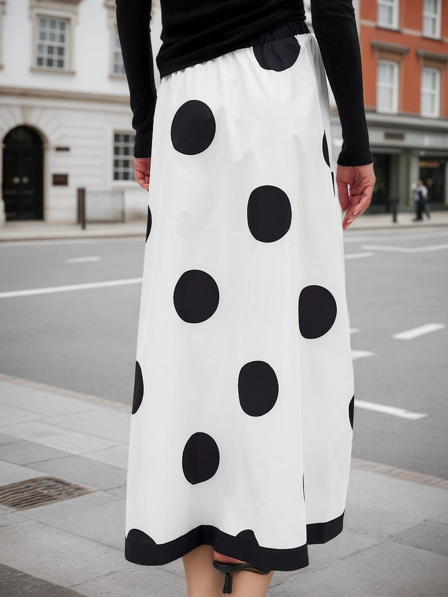 High-Waisted Large Polka Dot Maxi Skirt with Contrast Hem