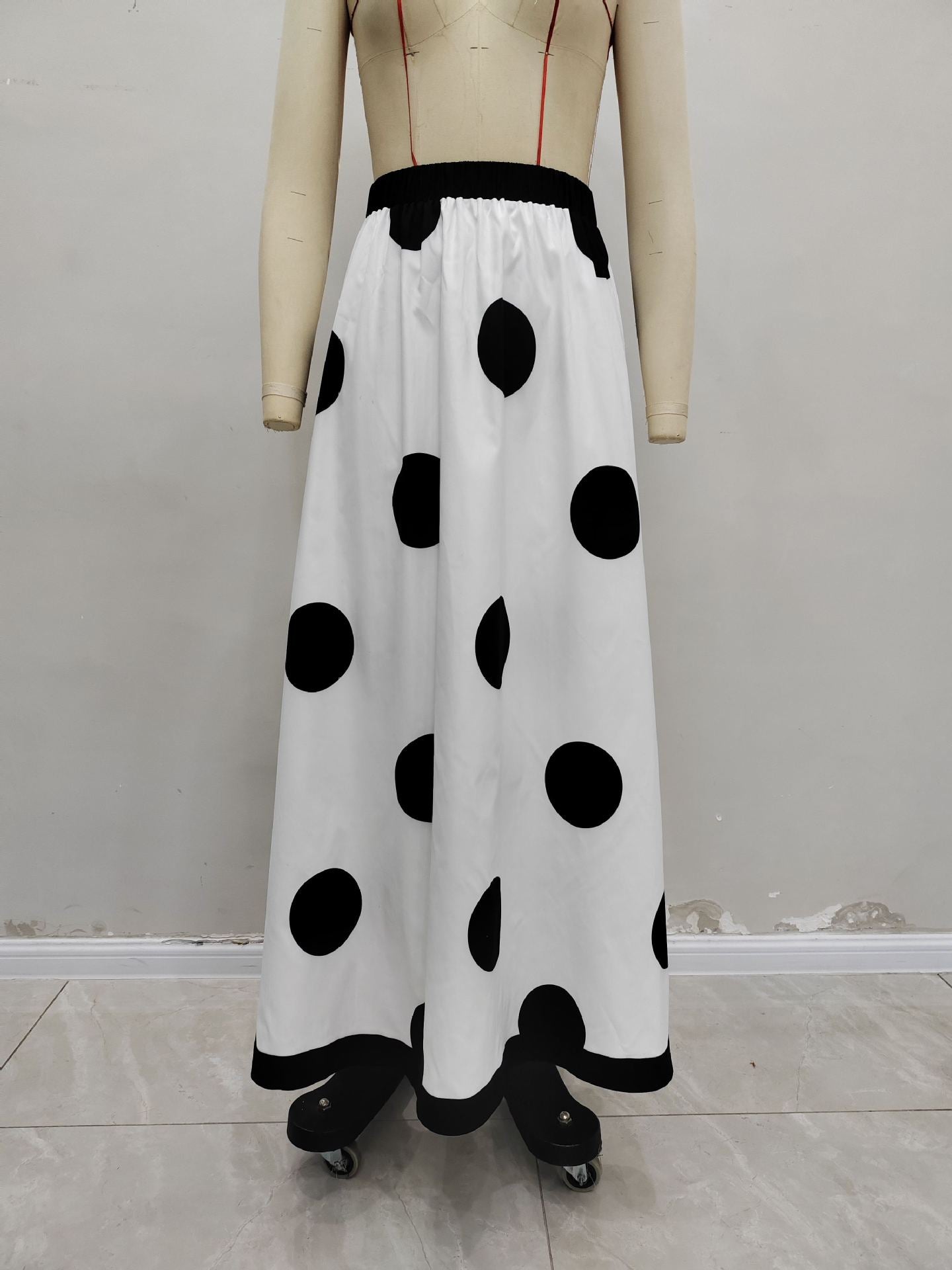 High-Waisted Large Polka Dot Maxi Skirt with Contrast Hem