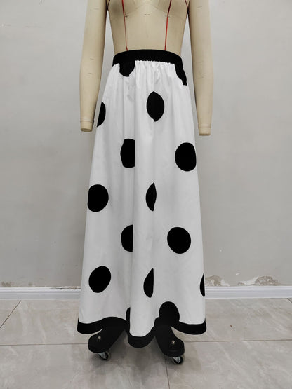 High-Waisted Large Polka Dot Maxi Skirt with Contrast Hem