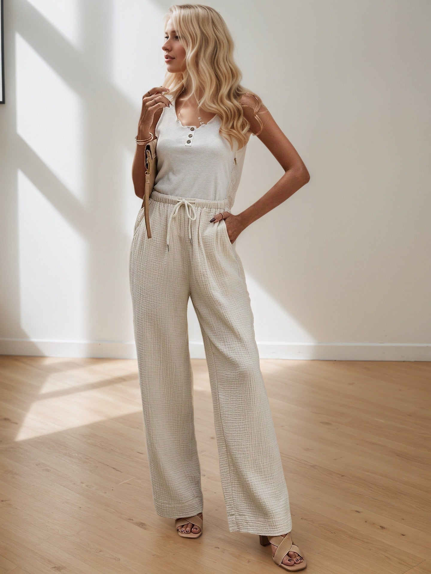 Wide-Leg Pants with Drawstring Waist and Textured Fabric